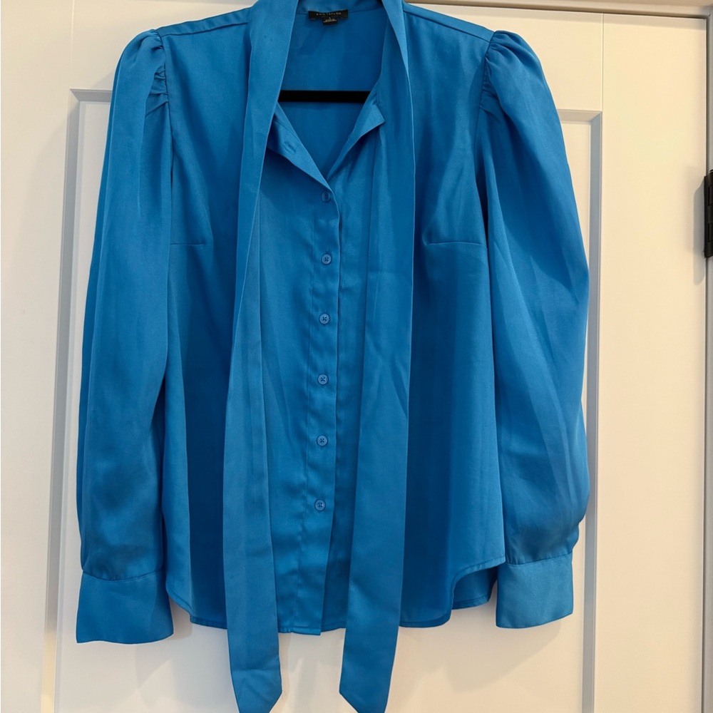 Blue Button-Up Blouse with Tie Ann Taylor